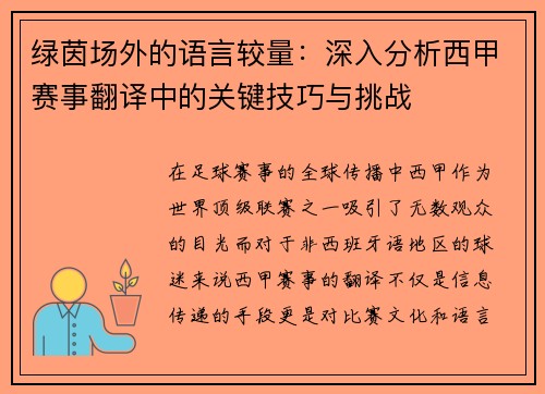 绿茵场外的语言较量：深入分析西甲赛事翻译中的关键技巧与挑战
