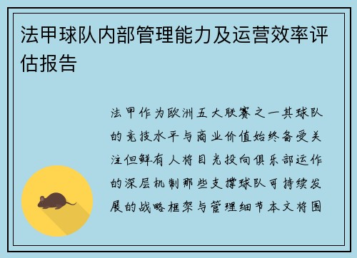 法甲球队内部管理能力及运营效率评估报告